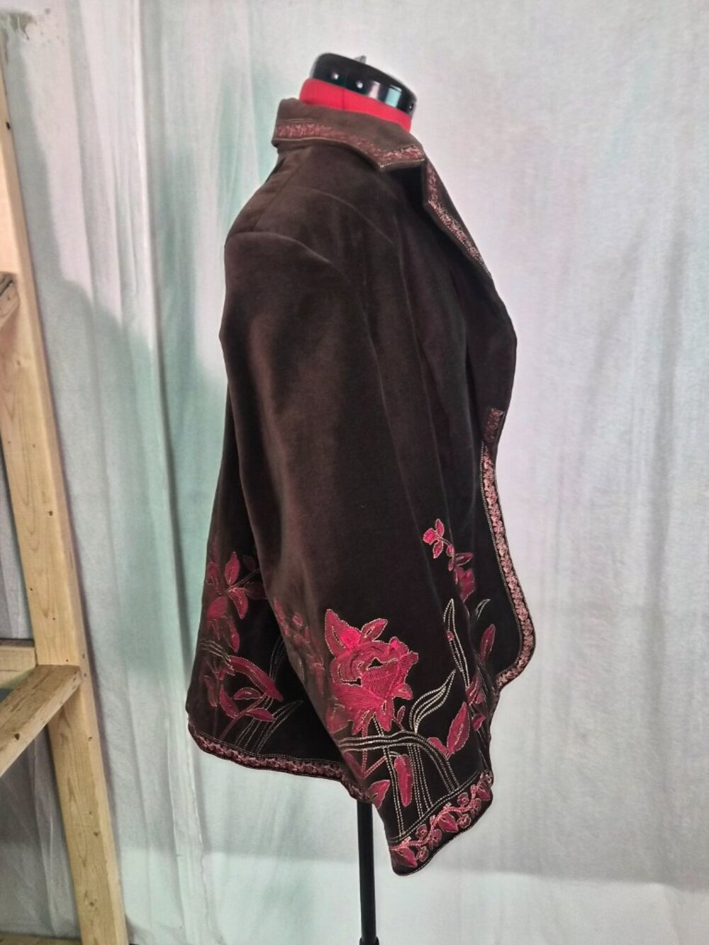 Nygard Collection Brown Embroidered Velvet Johnny Jacket Blazer Floral Trim 24 - Picture 5 of 11